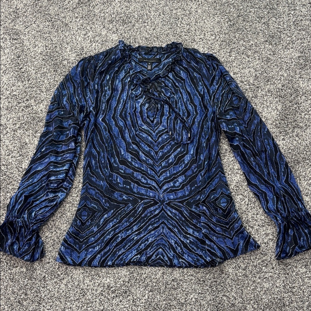 EUC WHBM Geo Silk Blend Burn Out Zebra Print Tie Blouse Medium